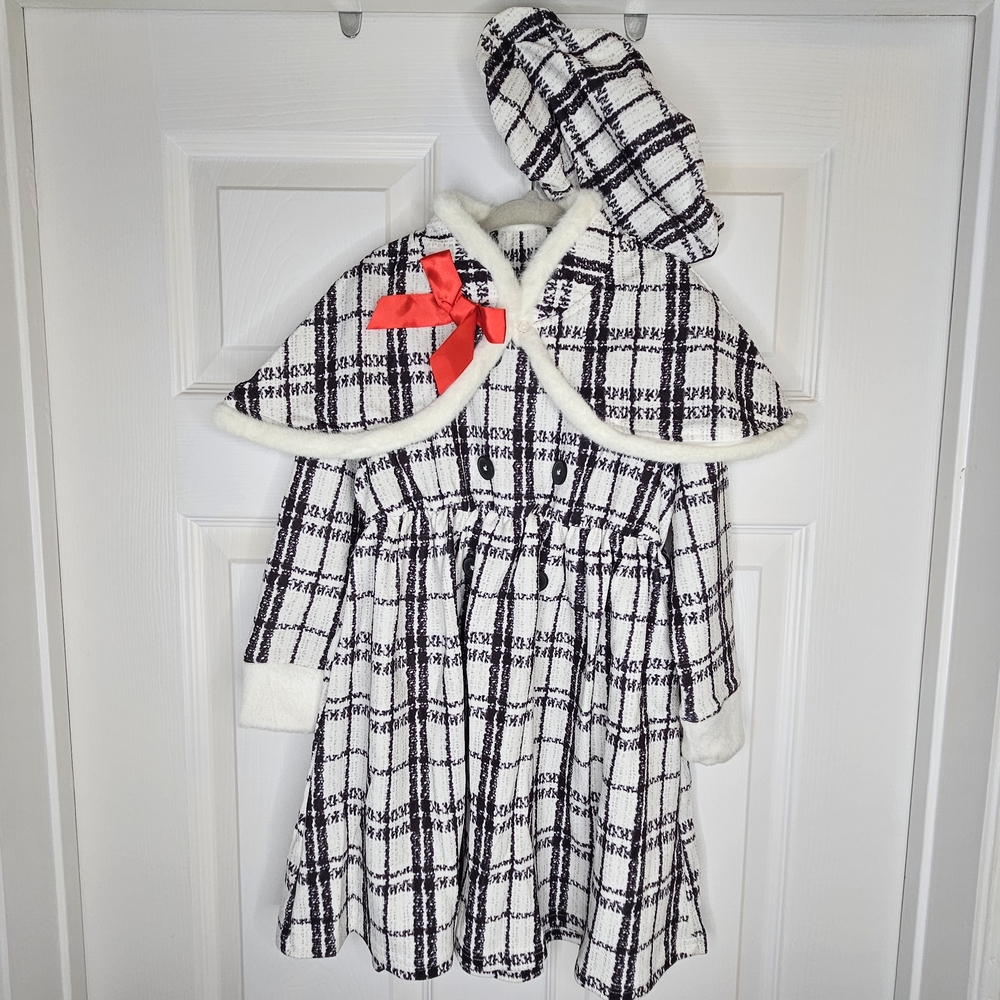 SHEIN Girls Long Sleeve Dress Hat Set Black Cream Patterned Faux Fur Trim Size 5